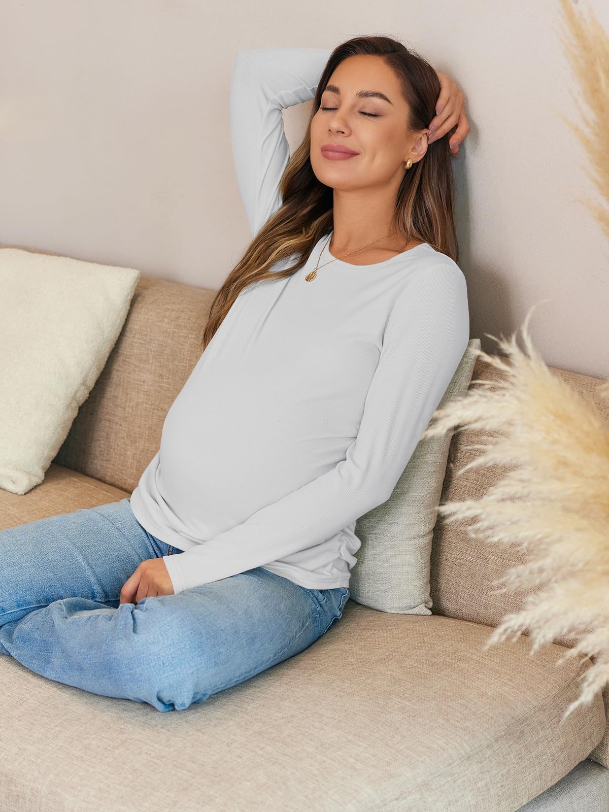 Women's Maternity Fall Tops - Long Sleeve Ribbed Knit Slim Fitted Blouse with Side Ruched Design for Pregnancy | Comfortable Nursing Shirts for Work, Dates & Everyday Wear