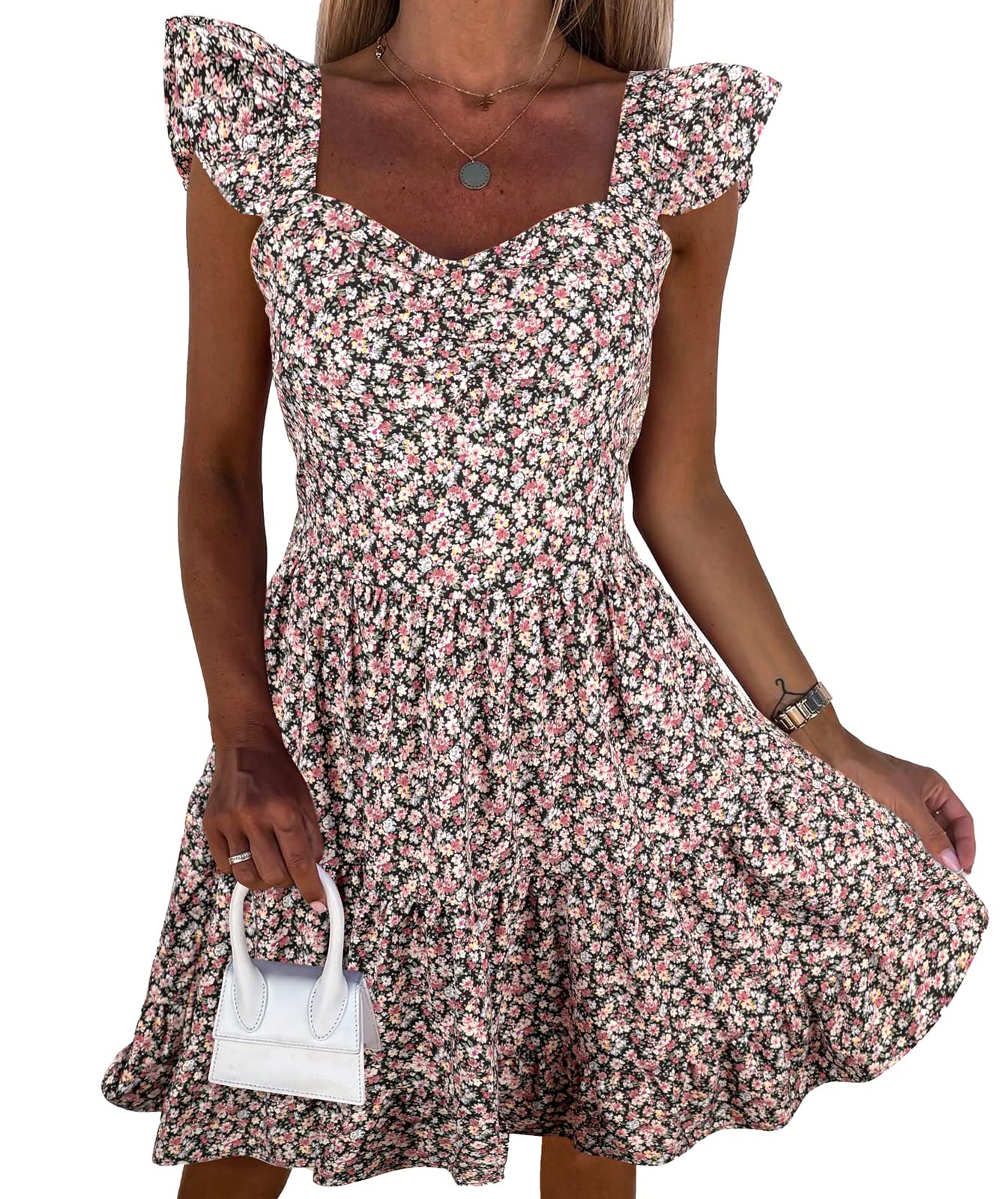PRETTYGARDEN Women's Floral Boho Summer Dress - Ruffle Strap Tiered Mini A-Line Sundress for Beach, Vacation & Casual Outings | Lightweight Breathable Short Dress