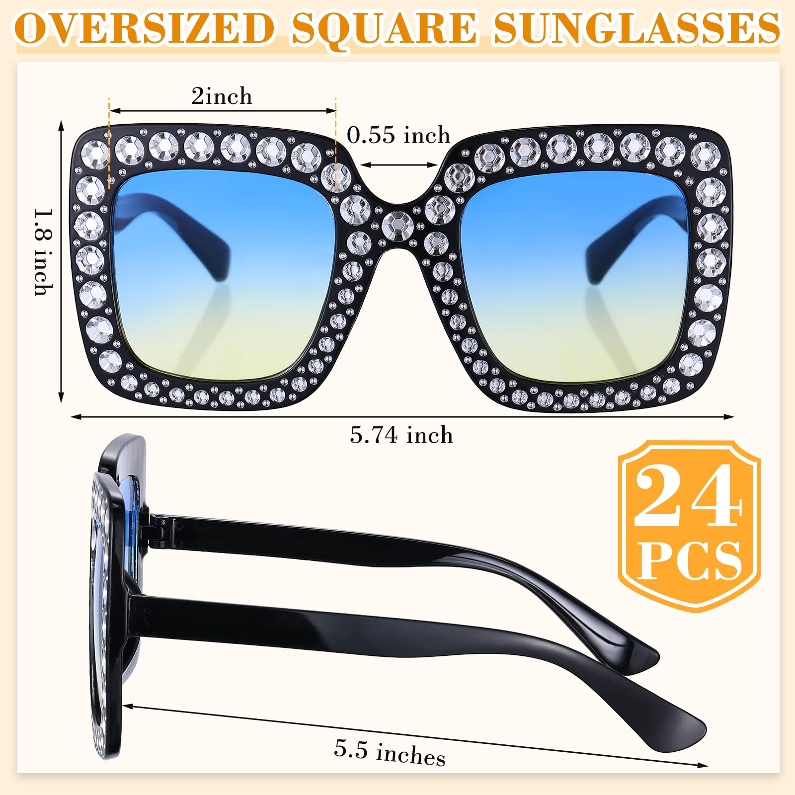 24 Pcs Women's Disco Sunglasses 70s Style - Rhinestone Crystal Square Sunglasses Bulk Pack with Thick Frame for Party, Festival, Halloween & Costume Accessories