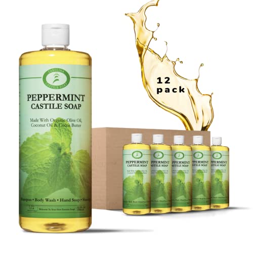 Organic Peppermint Castile Liquid Soap - 32oz (12-Pack) | Vegan Olive Oil Body Wash for Soft Skin | Pure Plant-Based Cleanser for Shower, Bath & Handwashing - Refreshing Mint Scent