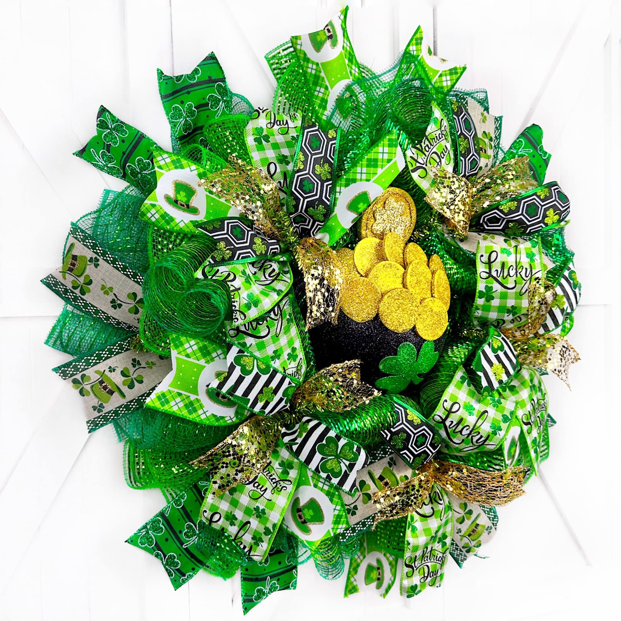 18x18x6 Inch St. Patrick's Day Wreath with Leprechaun & Clover Ribbon - Gold Pot Decor for Irish Holiday Door Hanging - Perfect for Home, Office, and Party Decorations