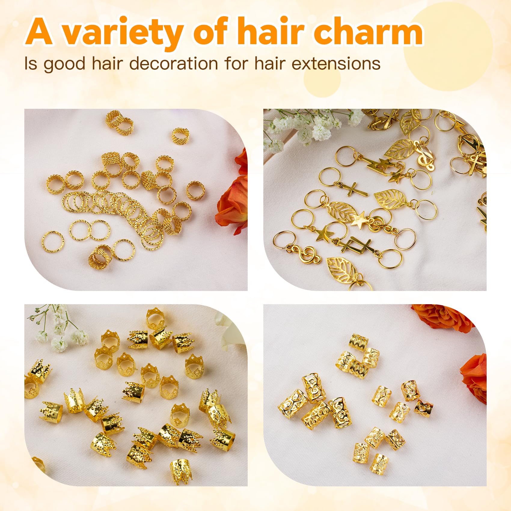 275 Pcs Gold Metal Hair Jewelry for Women - Braid Rings, Cuffs & Clips for Dreadlocks & Braids - Unisex Hair Accessories for Parties, Weddings & Everyday Style
