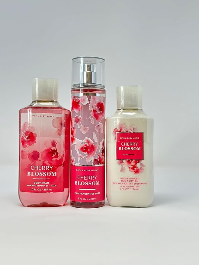 Cherry Blossom Gift Set - Daily Moisturizing Body Lotion, Fragrance Mist & Body Wash (3-Piece Bundle) for Women's Skincare & Relaxing Bath Time