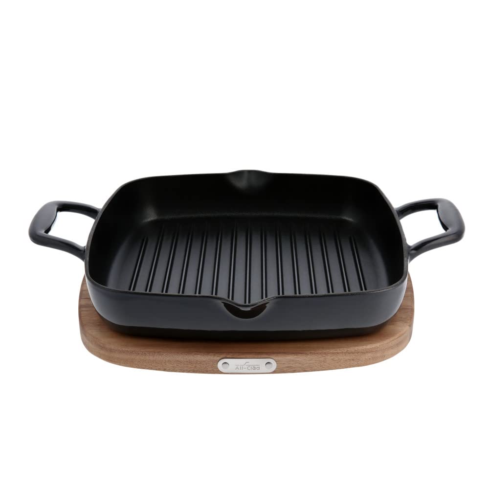 All-Clad 11 Inch Enameled Cast Iron Square Grill Pan with Acacia Wood Trivet - Induction, Oven & Broiler Safe Up to 650°F - Premium Black Cookware for Grilling, Searing & Roasting - Perfect for Steaks, Burgers & Vegetables