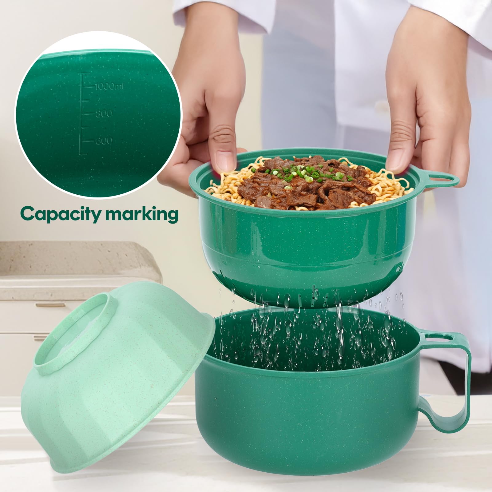 40oz Unbreakable Ramen Bowl with Strainer - BPA Free Portable Noodle Cooker for Dorm, Camping & RV Travel (Green)