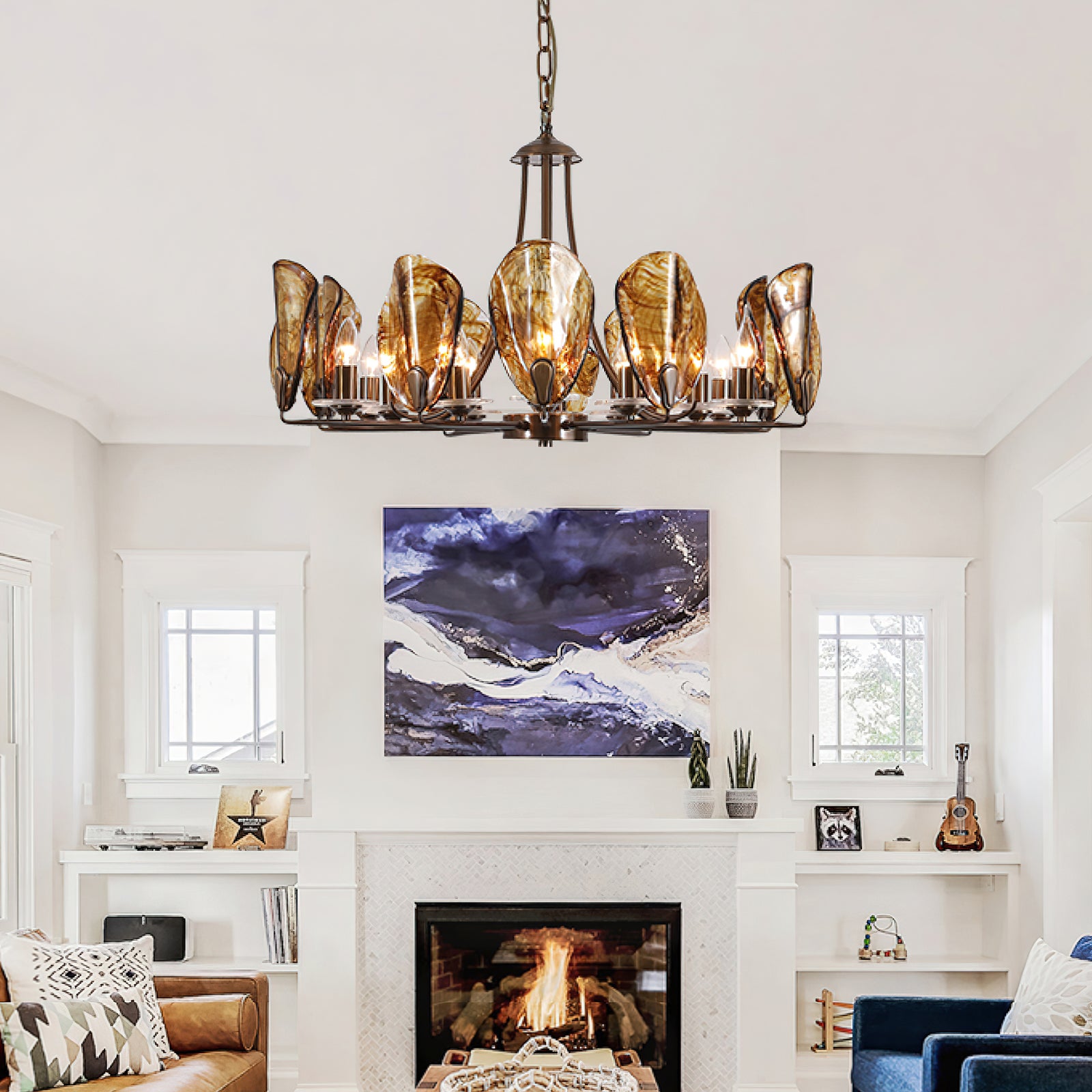 Amber Shell Chandelier - Elegant Coastal Lighting Fixture for Beach House, Dining Room, or Bedroom Decor | Handcrafted Seashell Pendant Light with Warm Glow