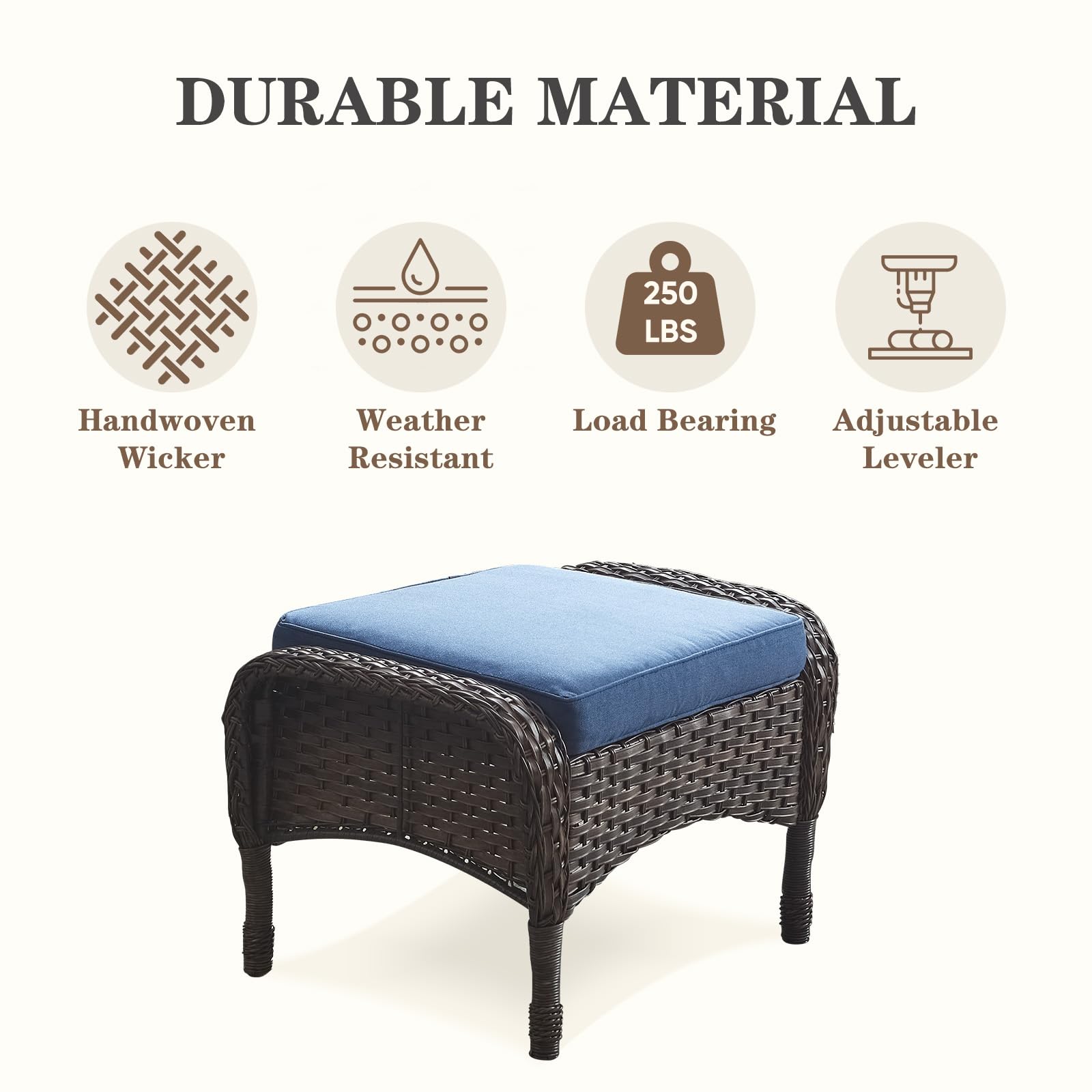25 Inch All-Weather PE Wicker Ottoman Set of 2 - Outdoor Foot Stool for Patio, Balcony, Deck & Backyard - Brown Rattan Footrest for Relaxing, Lounging & Entertaining