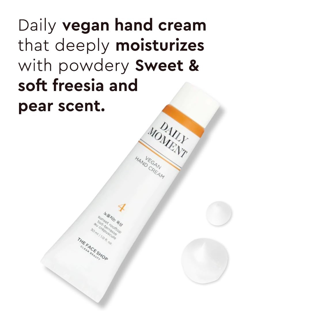 The Face Shop Daily Moment Vegan Hand Cream - Sunset Rooftop Scent with Hyaluronic Acid & Shea Butter | Non-Greasy, Fast Absorbing Moisturizer for Dry Hands | 30ml Travel Size | Perfect for Office, Travel & Daily Hydration
