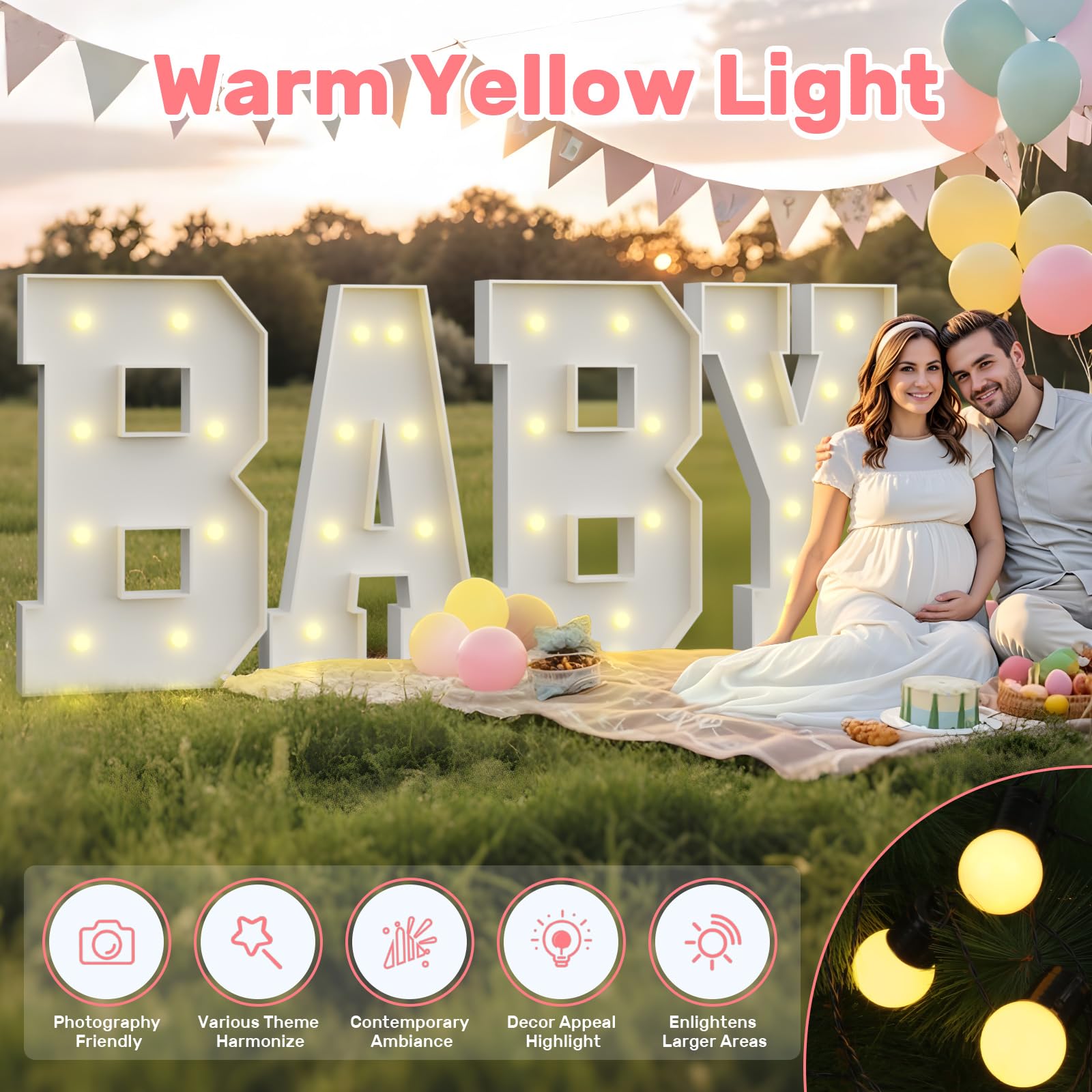 3FT Light Up Marquee Letters for Baby Shower Decorations - Gender Reveal Party, Nursery Room Decor & Birthday Celebration - Glowing Alphabet Signs for Photo Backdrops and Special Events