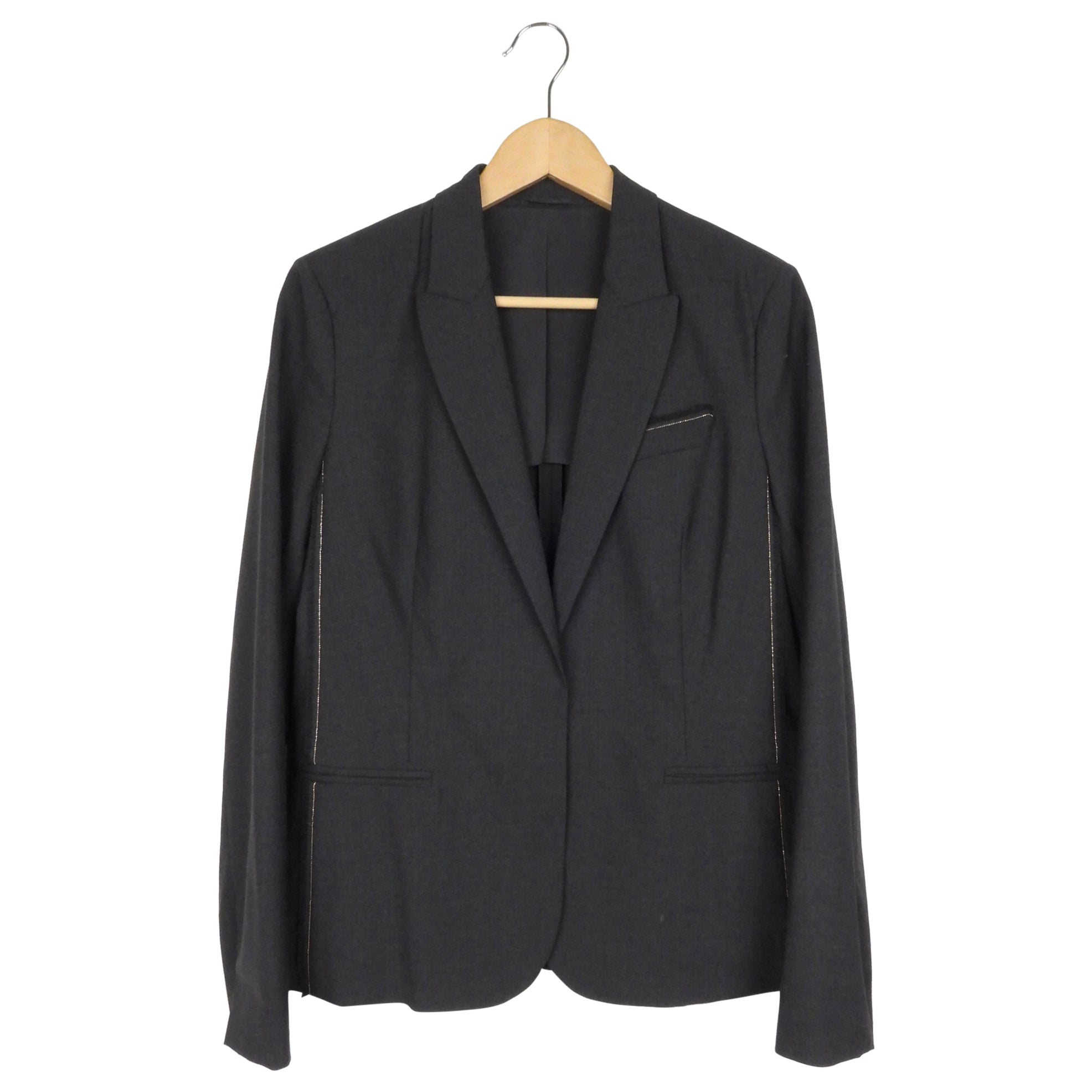 Brunello Cucinelli Grey Lightweight Wool Monili Trim Blazer Jacket Size 44 | Elegant Women's Business Blazer for Office Wear & Formal Occasions