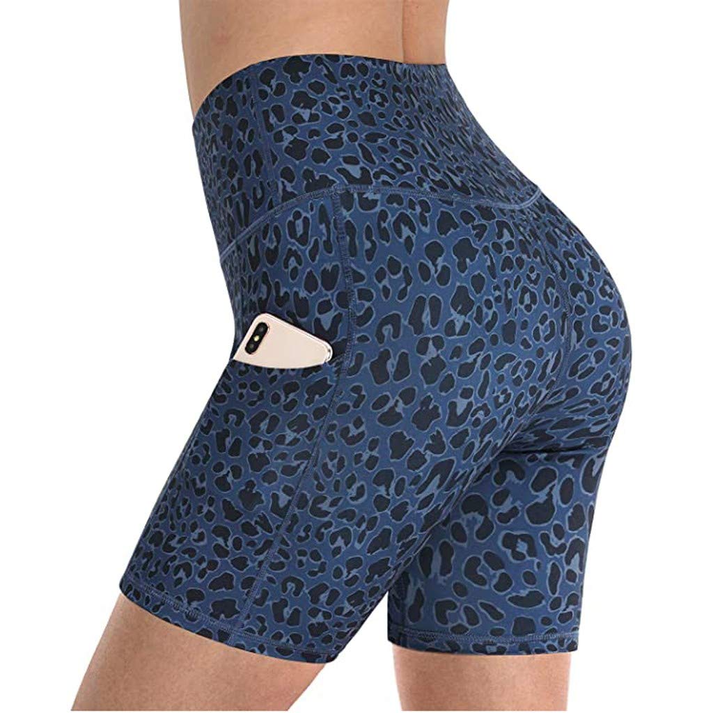 Ulanda Women's High Waist Tummy Control Yoga Shorts with Side Pockets - Leopard Print Compression Workout Shorts for Running, Gym & Lounge Wear
