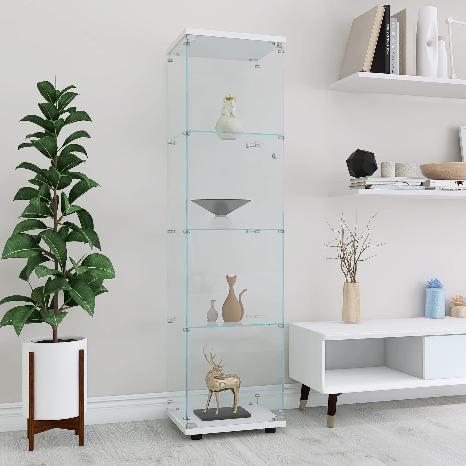 4 Tier Glass Door Display Cabinet - Curio Cabinet with Tempered Glass Shelves, Floor Standing Bookshelf & Storage Organizer for Living Room, Bedroom, Office - Easy to Assemble - Perfect for Showcasing Collectibles, Books & Home Decor