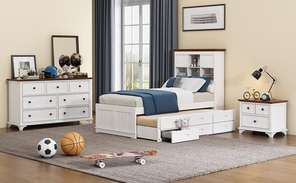 Modern Farmhouse Wood Bedroom Set - White & Walnut Twin Captain Bed with Trundle, Nightstand & 6-Drawer Dresser | Space-Saving Storage Solution for Small Bedrooms & Guest Rooms