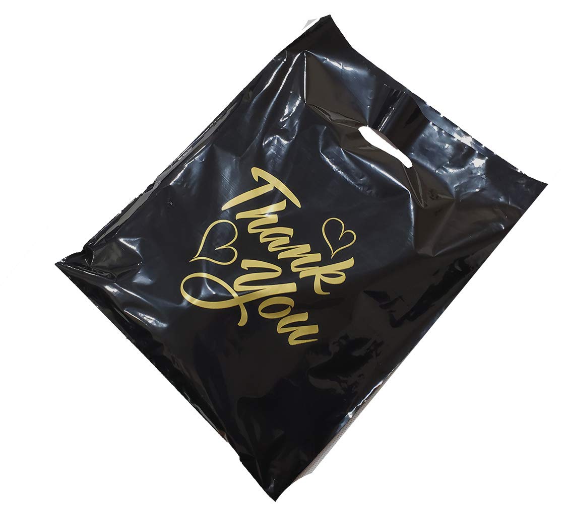 100 Pack 12x15 Inch Black Thank You Gift Bags with Die-Cut Handles & Glossy Finish - Premium Merchandise Bags for Retail Packaging, Party Favors, Wedding Favors, and Corporate Gifting