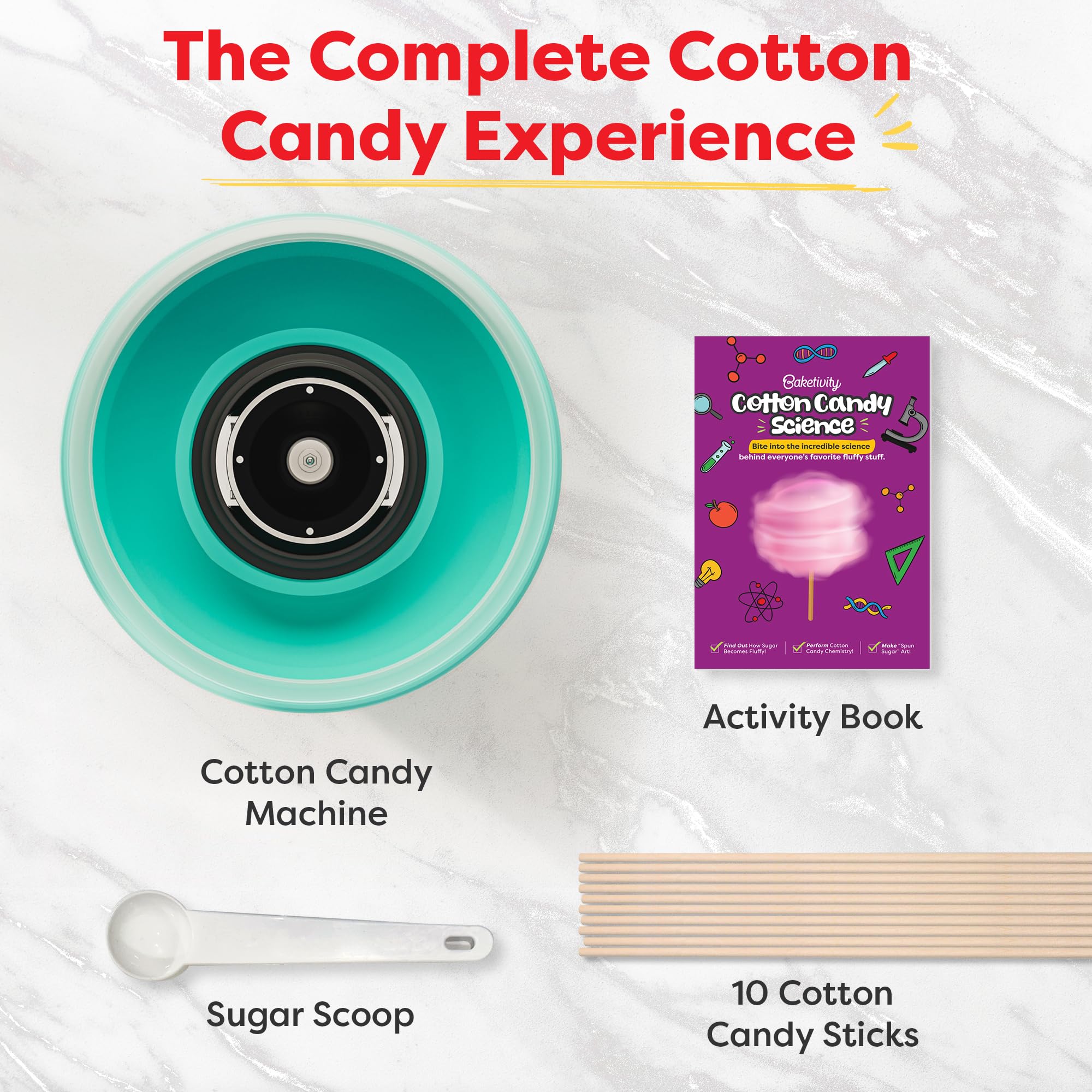Baketivity Cotton Candy Maker Machine Kit for Kids & Adults - Includes 10 Cotton Candy Sticks, Sugar Scoop & STEM Activity Book - Fun DIY Candy Maker for Birthday Parties, Carnivals & Family Events