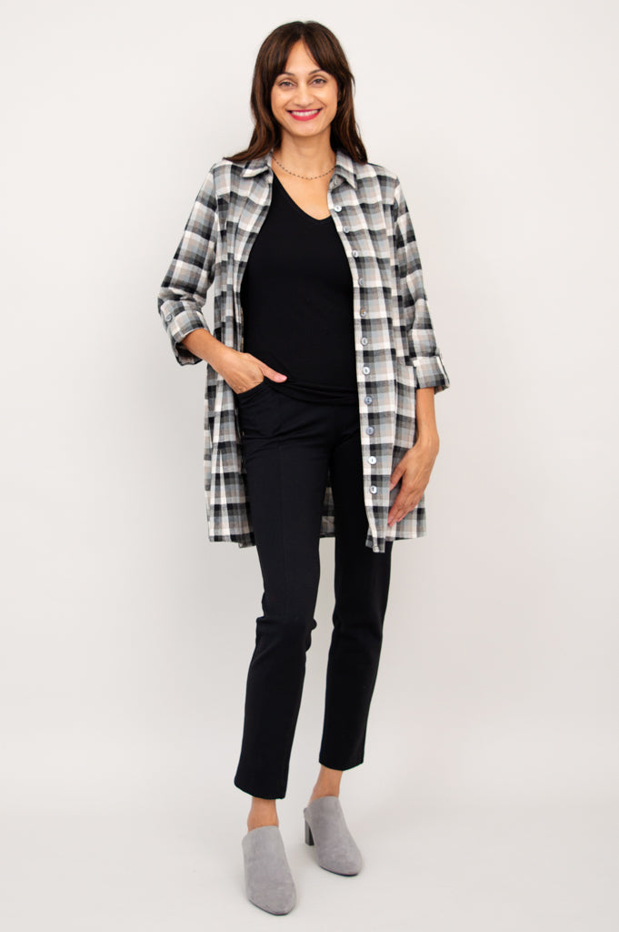 Larissa Tunic Top - Black Retro Plaid Cotton Flannel Shirt for Women | Vintage Style Fall Winter Fashion | Perfect for Casual Outfits, Office Wear & Holiday Parties