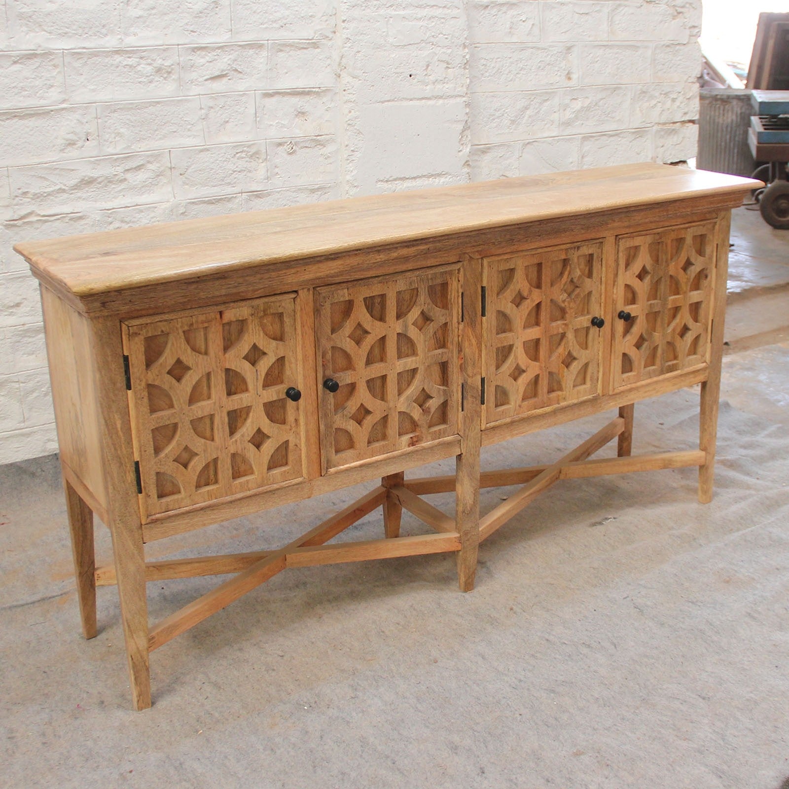 French Arched Doors Raised Buffet Sideboard 70x18x36 Inches - Elegant Dining Room Storage for Formal Entertaining & Home Decor