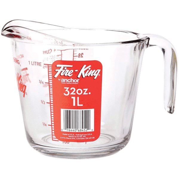Anchor Hocking Fire King 32 Oz. Glass Measuring Cup with Handle - Heat Resistant & Durable Kitchen Essential for Baking, Cooking & Mixing (55178L20) - Perfect for Measuring Liquids, Mixing Ingredients & Microwave Use