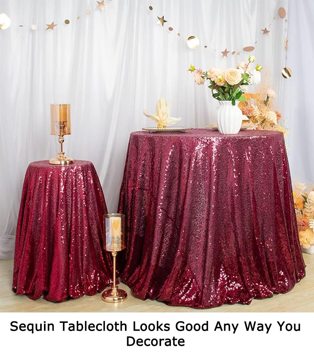 ShinyBeauty 60 Inch Round Burgundy Sequin Tablecloth - Elegant Maroon Glitter Table Cover for Weddings, Bridal Showers, Birthday Parties & Banquet Decor | Perfect for Dessert Tables & Special Event Centerpieces