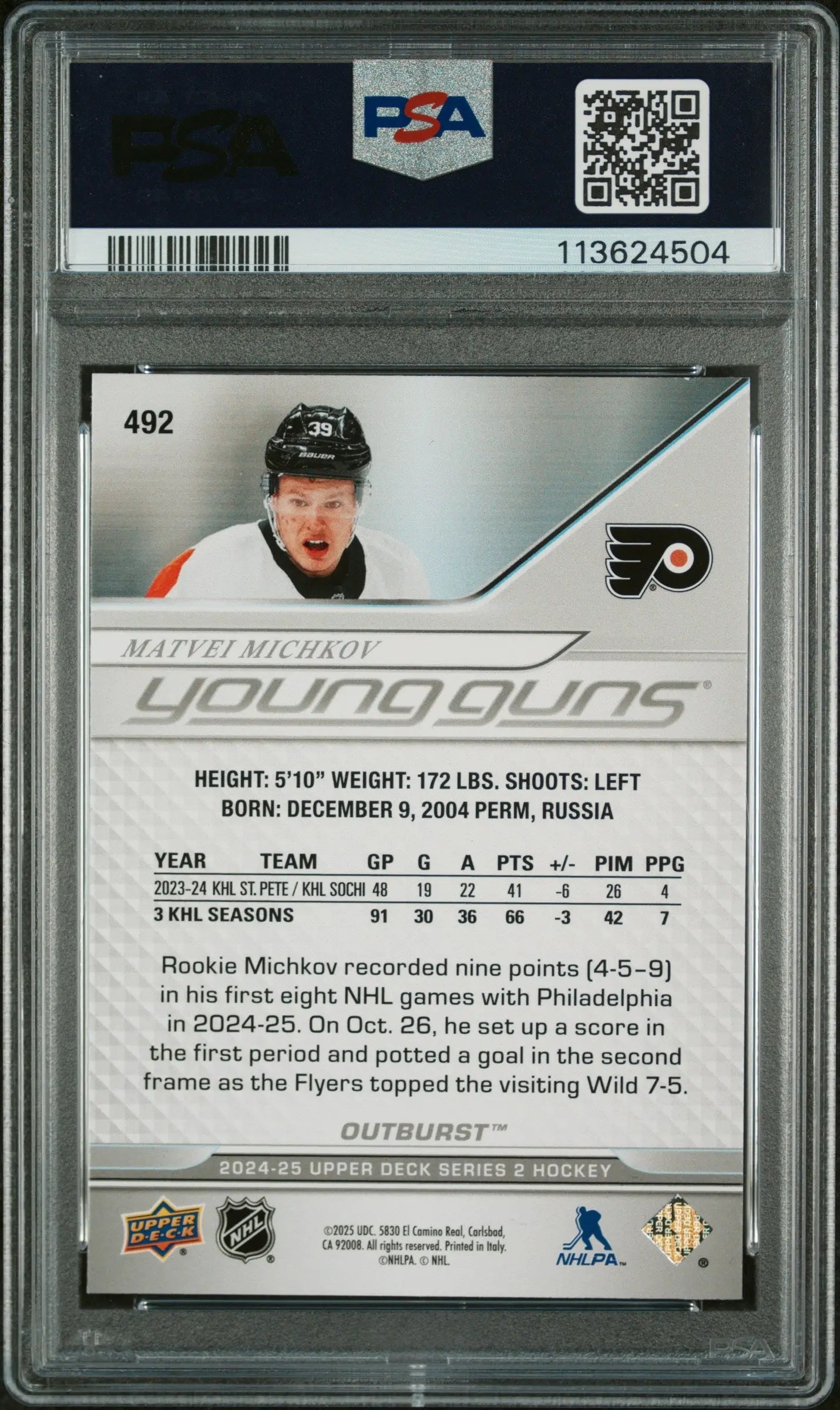 2024 Upper Deck Series 2 Matvei Michkov Young Guns RC Outburst PSA 9 Mint Hockey Card - Perfect for NHL Collectors, Sports Memorabilia & Investment
