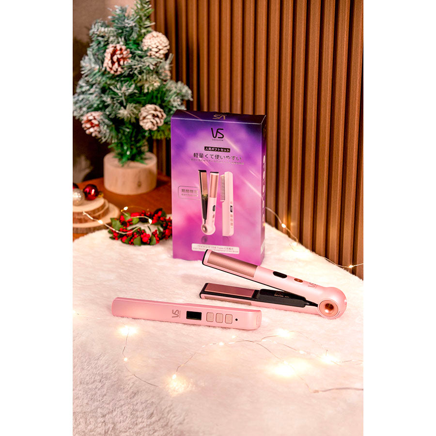 VIDAL SASSOON VS Brush & Straightener Set 2024 - Pink Hair Styling Kit for Smoothing & Straightening - Perfect for Home Salon & Professional Styling