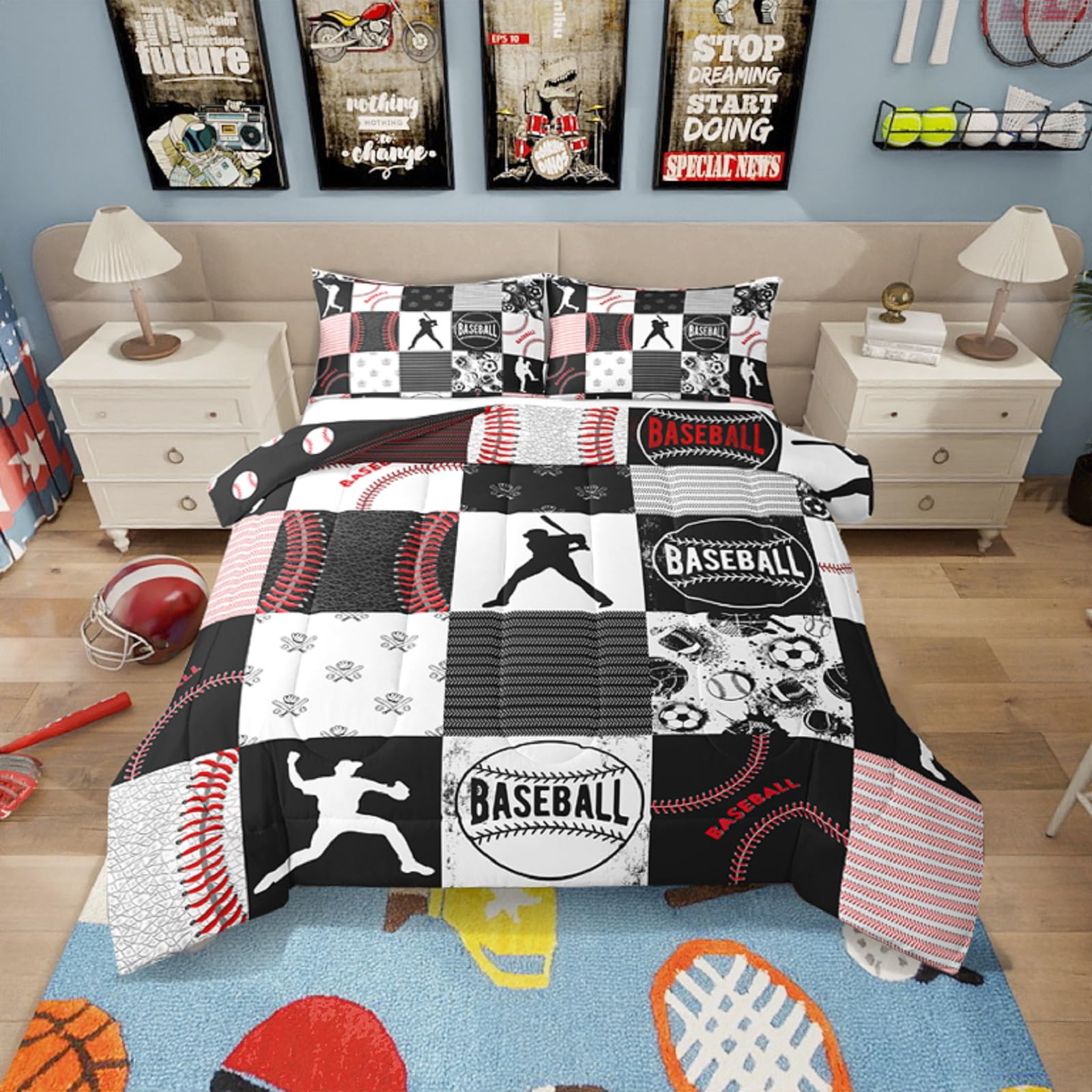 **Erosebridal Kids Baseball Comforter Set - Softball Bedding Set for Boys, Sports Game Quilted Comforter, Patchwork Down Comforter for Baseball Players, Red Black Gray, Queen Size - Perfect for Kids' Bedrooms, Sports-Themed Decor, and Baseball Fan Gifts**