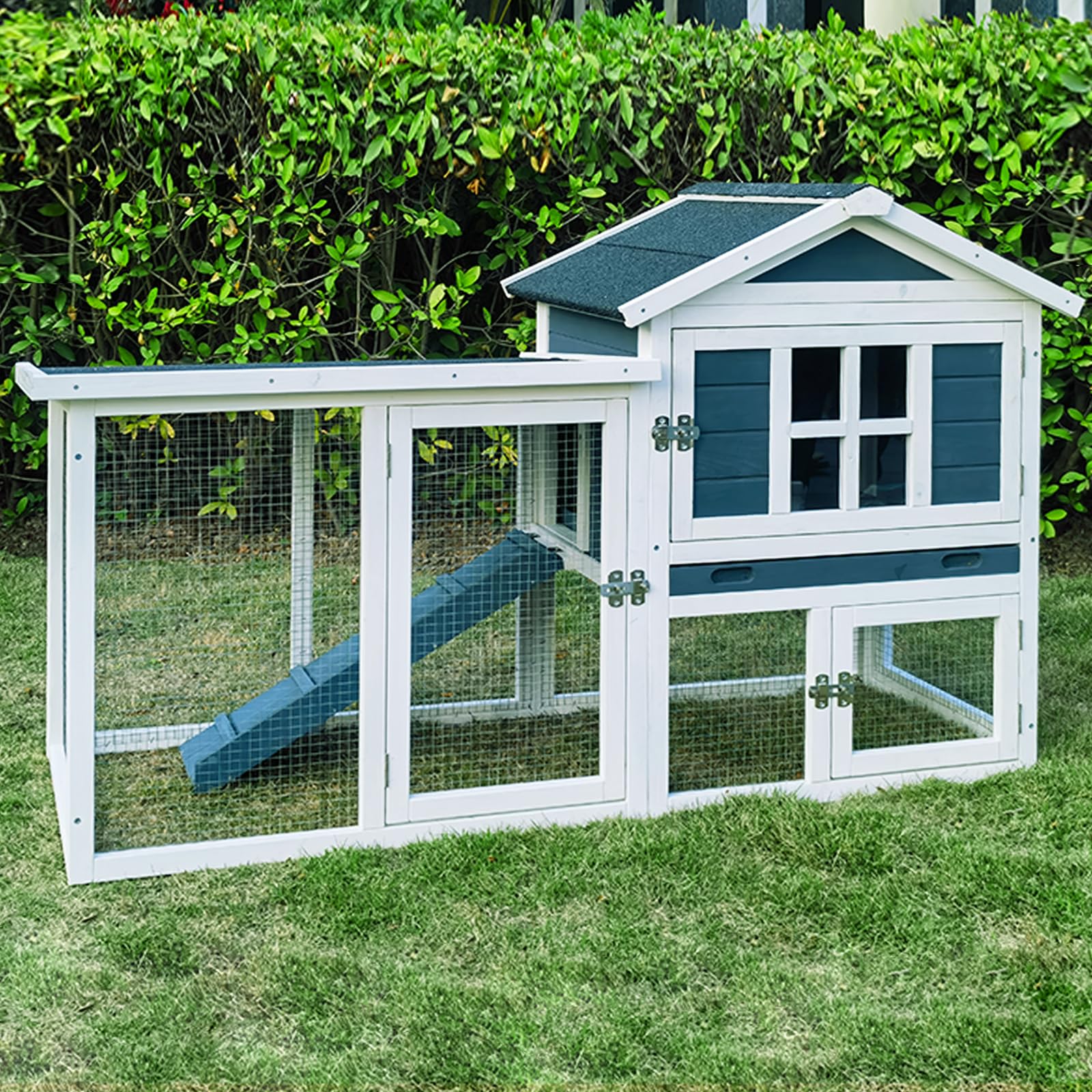 Weatherproof Large Outdoor Rabbit Hutch & 2-Story Chicken Coop - Wooden Bunny Cage with Waterproof Roof, No-Leak Tray & Pull-Out Tray (56.8