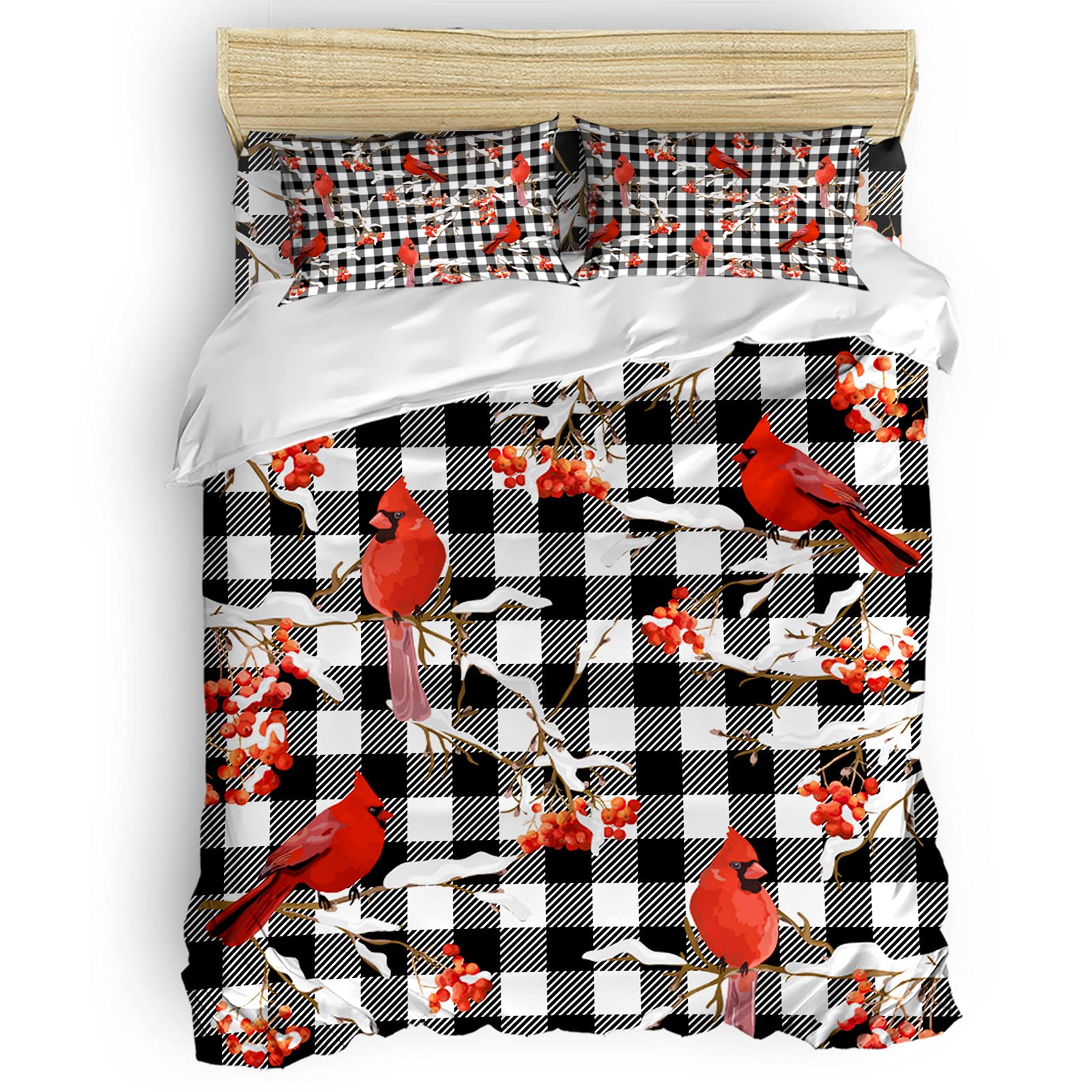 Christmas Duvet Cover Set 4-Piece Queen Size - Winter Snow Cardinalis Black White Plaid Soft Bedding Set with Duvet Cover, Flat Sheet & Pillowcases - Cozy Holiday Bedroom Decor for Kids, Teens & Adults