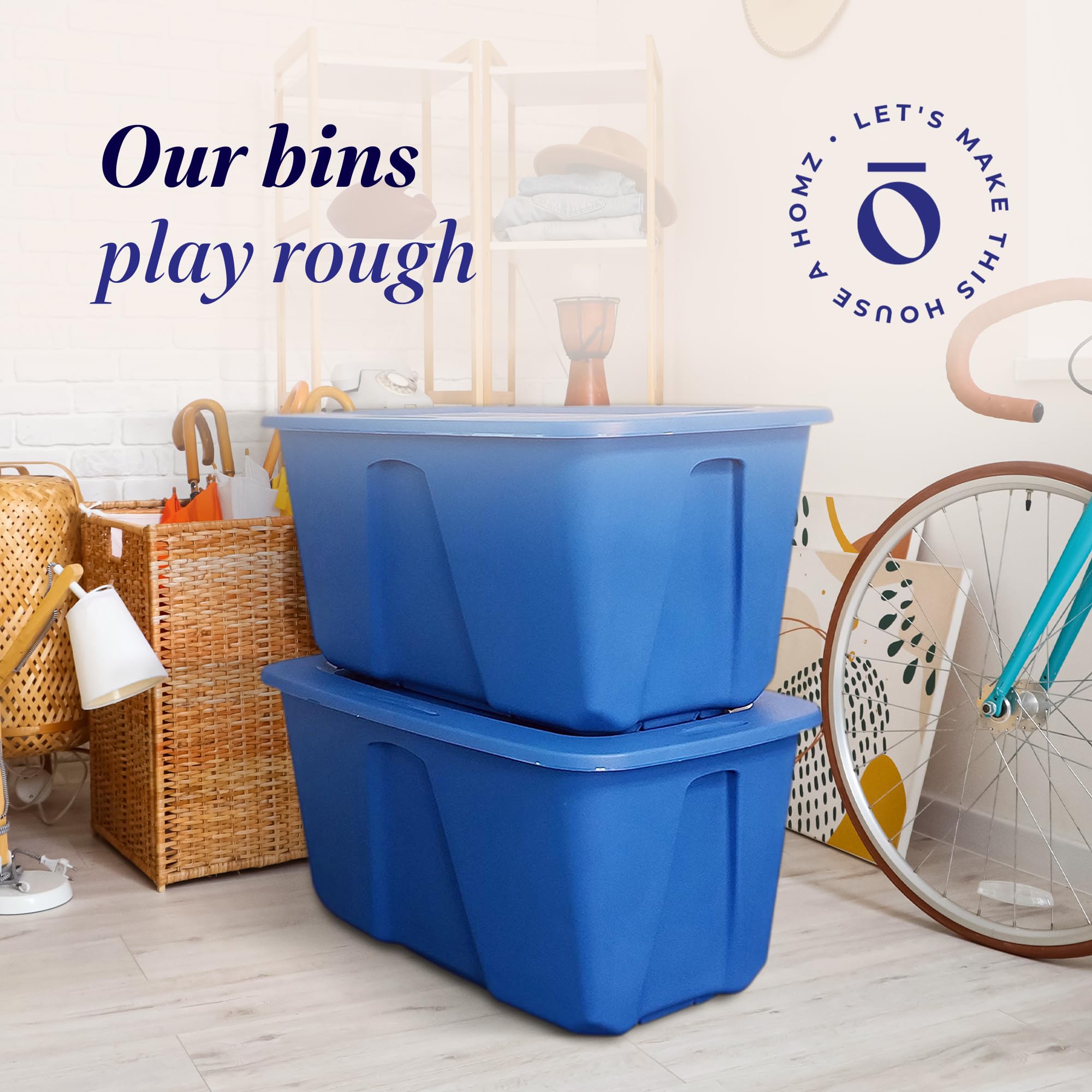 HOMZ 2-Pack Heavy Duty Plastic Storage Bins - 32 Gallon Organizing Containers for Home, Garage & Closet - Durable Stackable Blue Bins for Clothes, Toys & Seasonal Items Storage