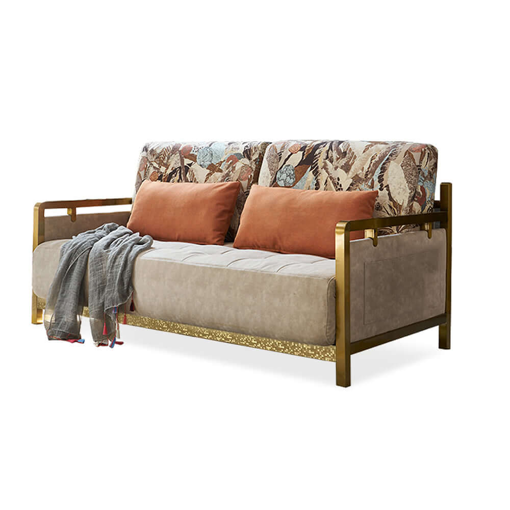 Modern Convertible Full Sleeper Gold Metal Beige Upholstered Sofa Bed - Space-Saving Furniture for Small Apartments, Guest Rooms & Home Offices