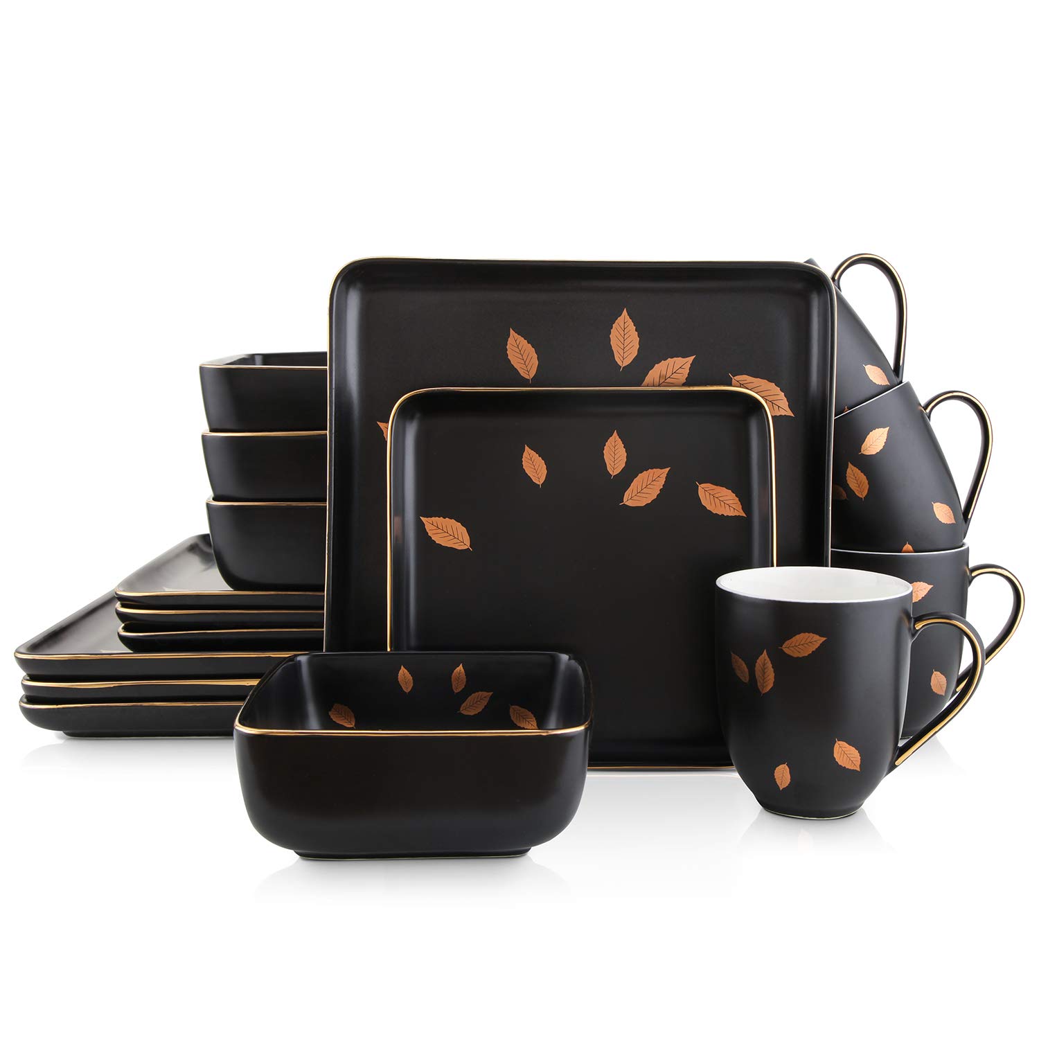 Premium Black & Gold Leaf Porcelain Dinnerware Set - 16-Piece Square Plates & Bowls for 4 People - Elegant Stone Lain Tableware for Fine Dining, Dinner Parties & Home Decor