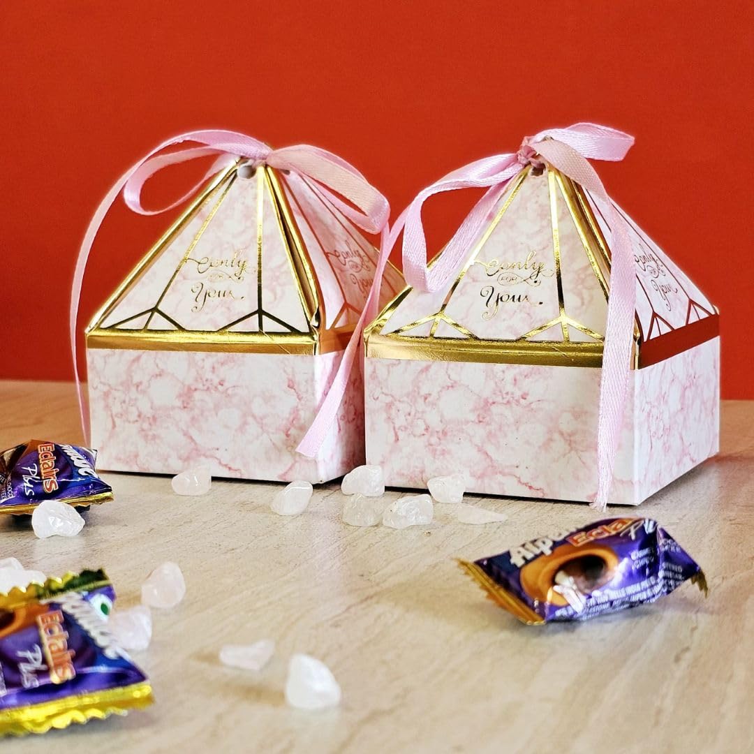 20-Piece Mini Decorative Diamond-Shaped Gift Box Set with Ribbon - Perfect for Wedding Favors, Birthday Party Favors, Chocolate & Dry Fruit Packaging (Pink) - Elegant Small Storage Solution for Jewelry, Candies & Party Supplies