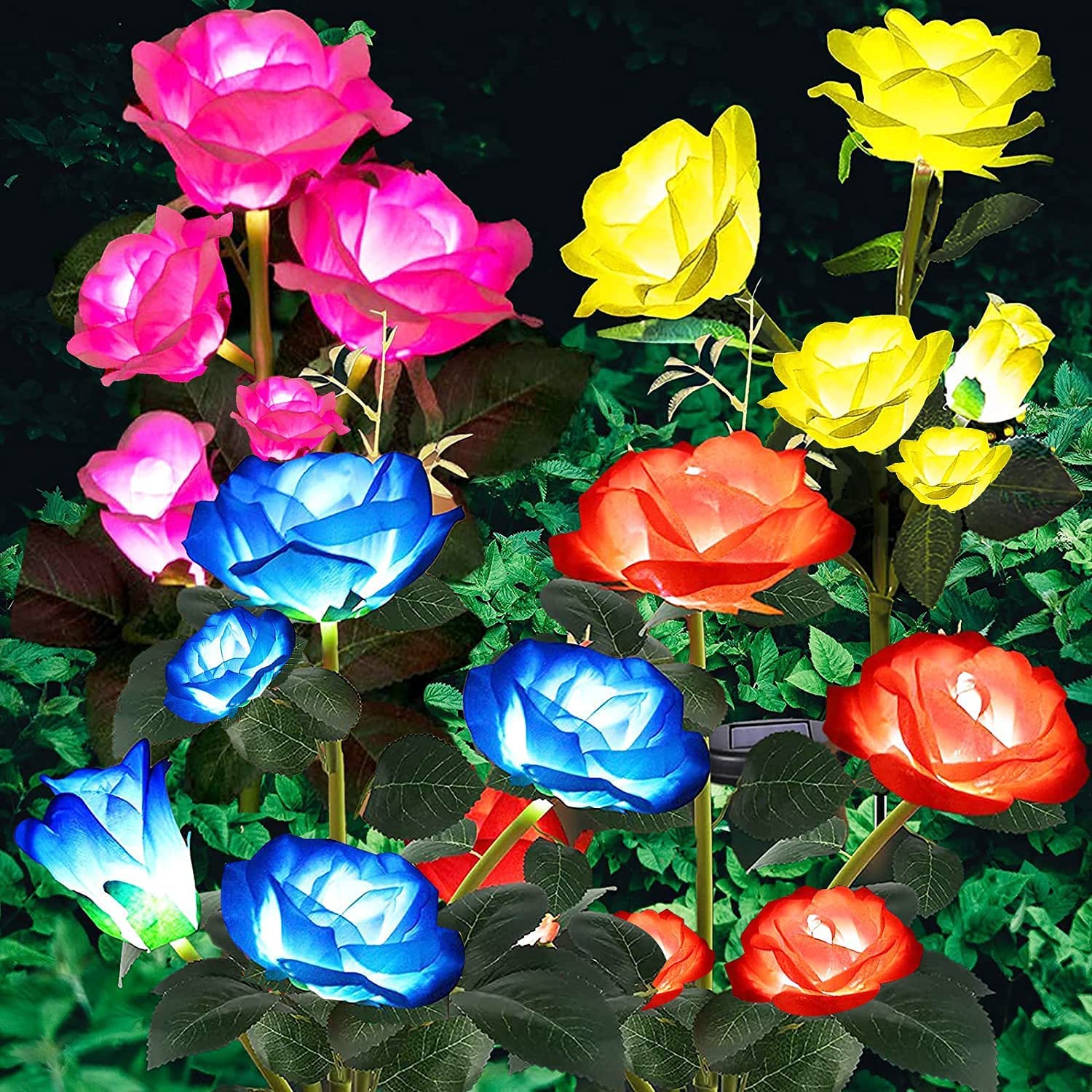 ANGMLN 4 Pack Solar Powered Garden Lights - 7 Color Changing Rose Lights with 20 LED Heads for Pathway, Patio, Yard, Party & Wedding Decorations | Outdoor Solar Flowers for Valentine's Day, Garden, Landscape & Backyard Lighting (Red, Pink, Yellow, Blue)