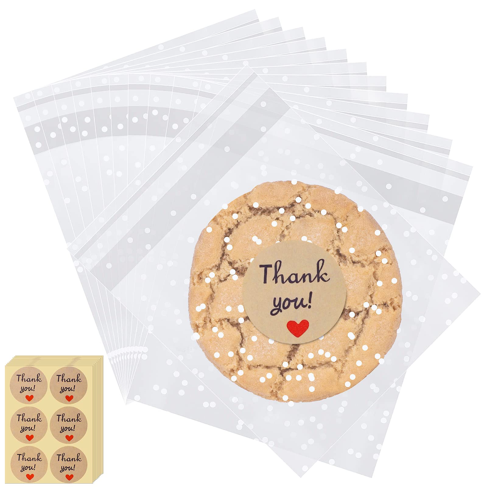 100PCS White Polka Dot Treat Bags - Self Adhesive Candy Cookie Bags for Gift Giving with Stickers (3.94 x 3.94 Inches) - Perfect for Birthday Parties, Baby Showers & Holiday Treats