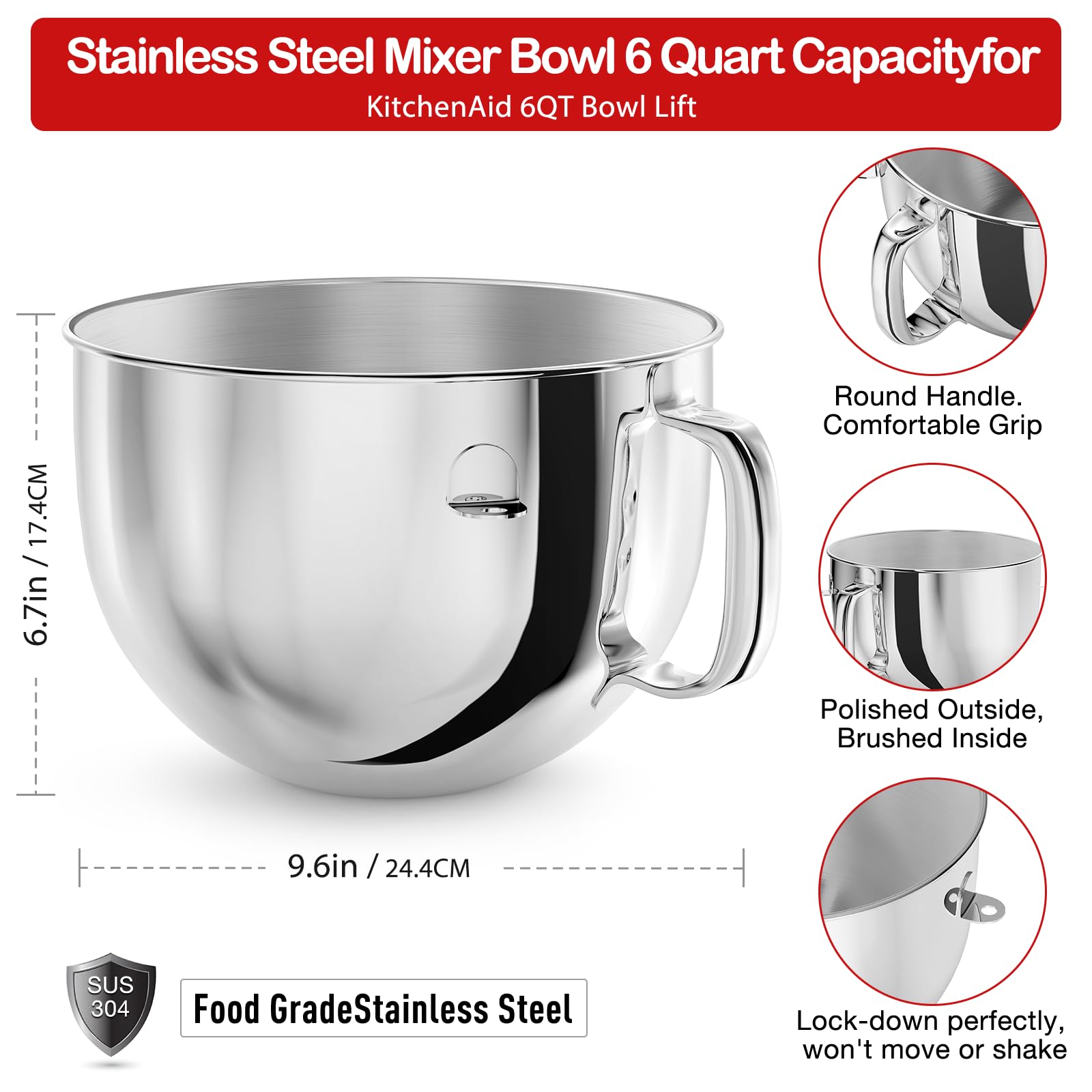 6QT Stainless Steel Mixer Bowl for KitchenAid Stand Mixers - Durable Mixing Bowl with Handle for 6QT Lift Mixers | Perfect for Baking, Dough Kneading & Food Prep in Home Kitchens
