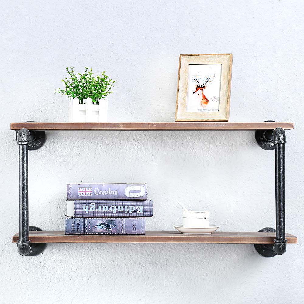 Industrial Pipe Floating Shelves - Rustic Wood & Metal Wall Mounted Bookshelf (2 Tier, 30 Inch) - Perfect for Home Office, Living Room, Bar & Kitchen Storage