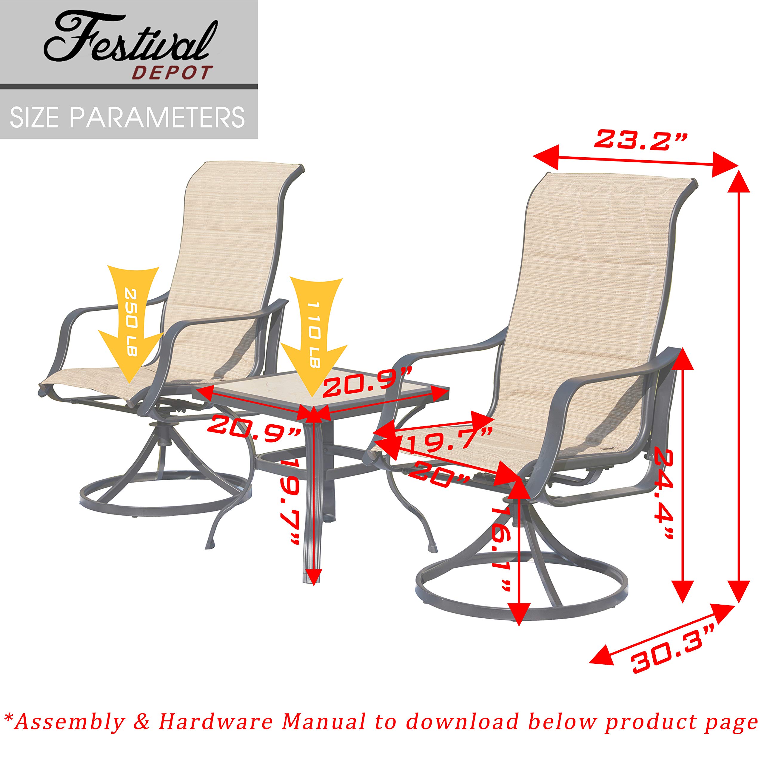 360° Swivel Outdoor Patio Dining Set - 3-Piece Bistro Chairs with Armrests & Square Metal Coffee Table, Beige - Perfect for Deck, Garden, Poolside & Backyard Relaxation