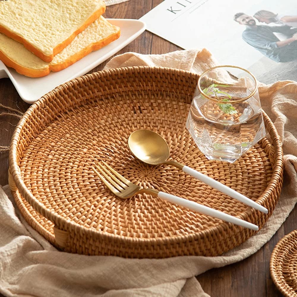 Handwoven Rattan Storage Basket with Handle - Natural Picnic Tray for Bread, Fruits & Snacks - Perfect for Kitchen Counter, Dining Table & Outdoor Gatherings