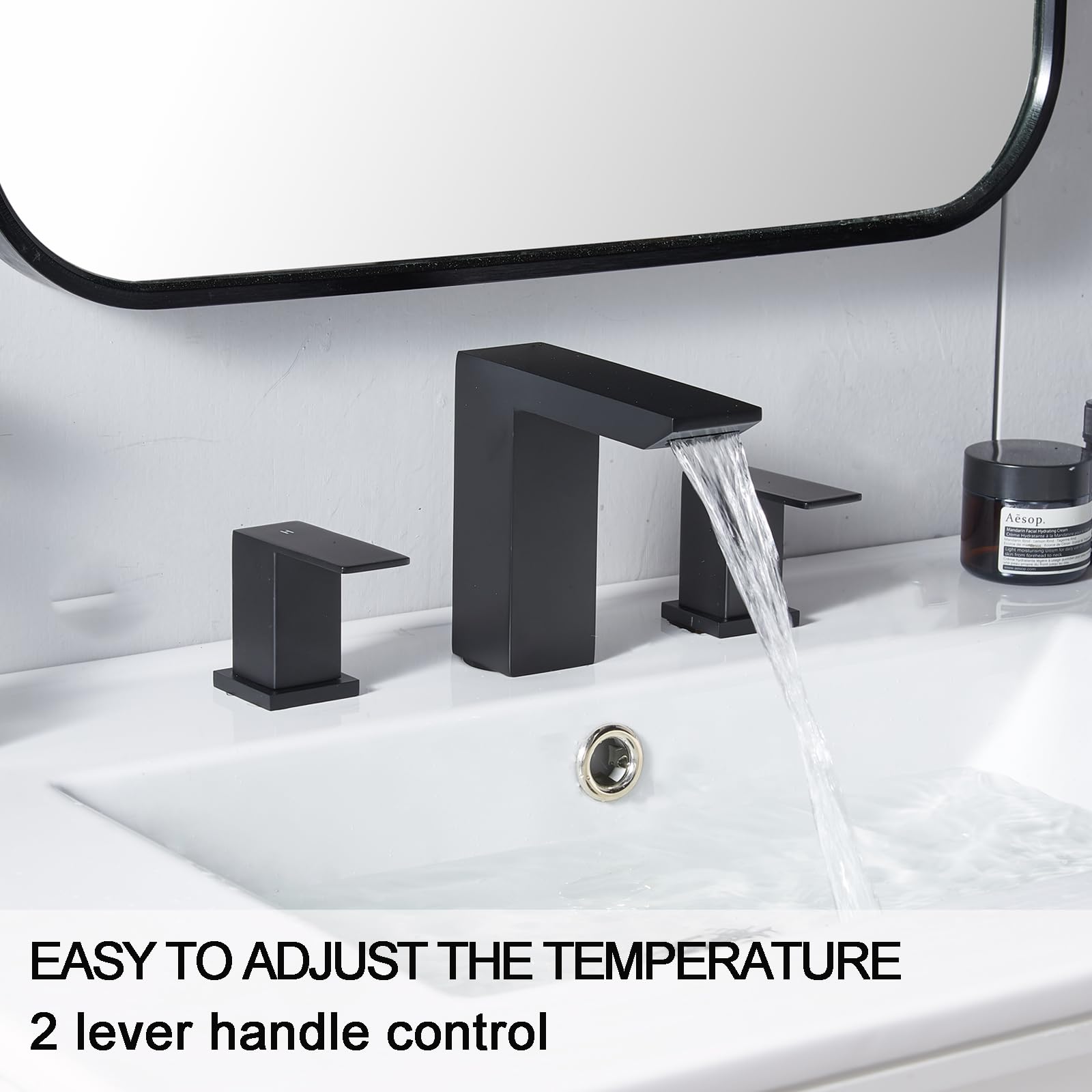 8 Inch Matte Black Widespread Bathroom Faucet - 3 Hole Waterfall Vanity Sink Faucet with Pop-Up Drain & Hoses | Perfect for Bathroom Vanity, RV, and Modern Home Decor