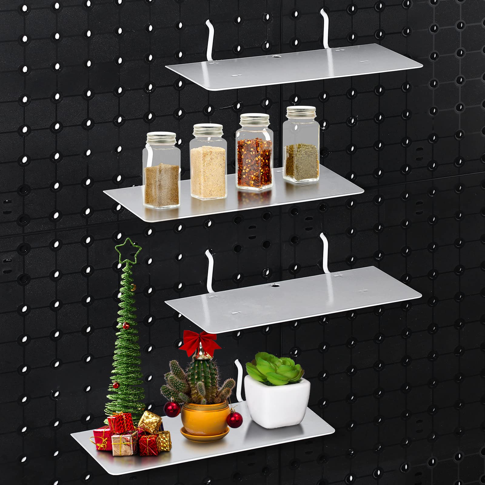 4 Pack White Pegboard Shelves - 7 x 3 Inch Steel Wall Organizer Brackets & Tray for Craft Room, Home Garage, Nursery, Workbench & Kitchen Storage | Heavy Duty Pegboard Accessories & Organizing Tools