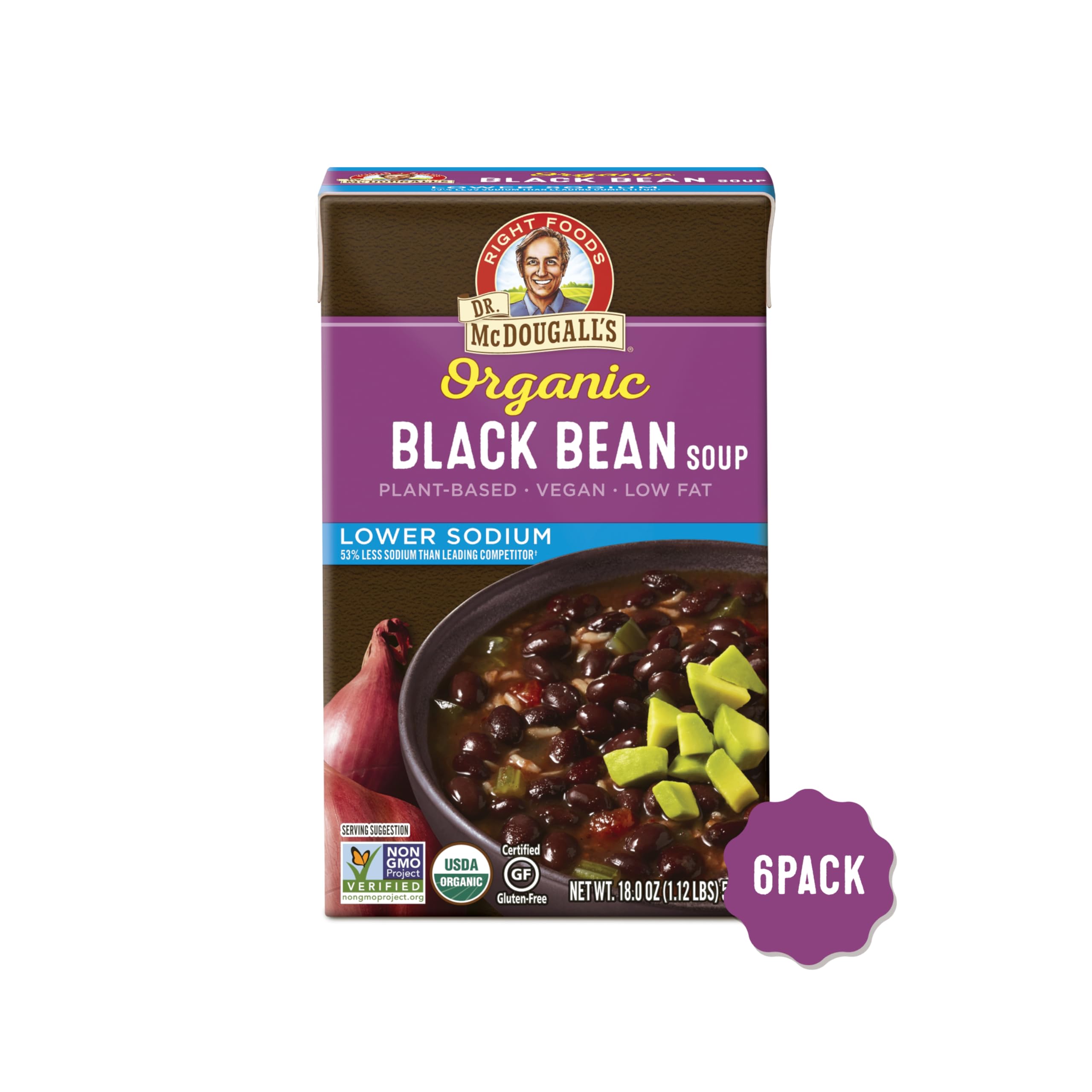 Organic Lower Sodium Black Bean Soup by Dr. McDougall's Right Foods - 18 fl oz (Pack of 6) | Healthy Vegan Meal, Quick Lunch or Camping Food