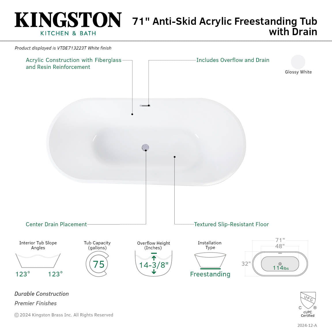 Aqua Eden 71-Inch Freestanding Acrylic Oval Bathtub - Double Ended Design with Drain, Glossy White Finish | Perfect for Modern Bathroom & Spa Relaxation