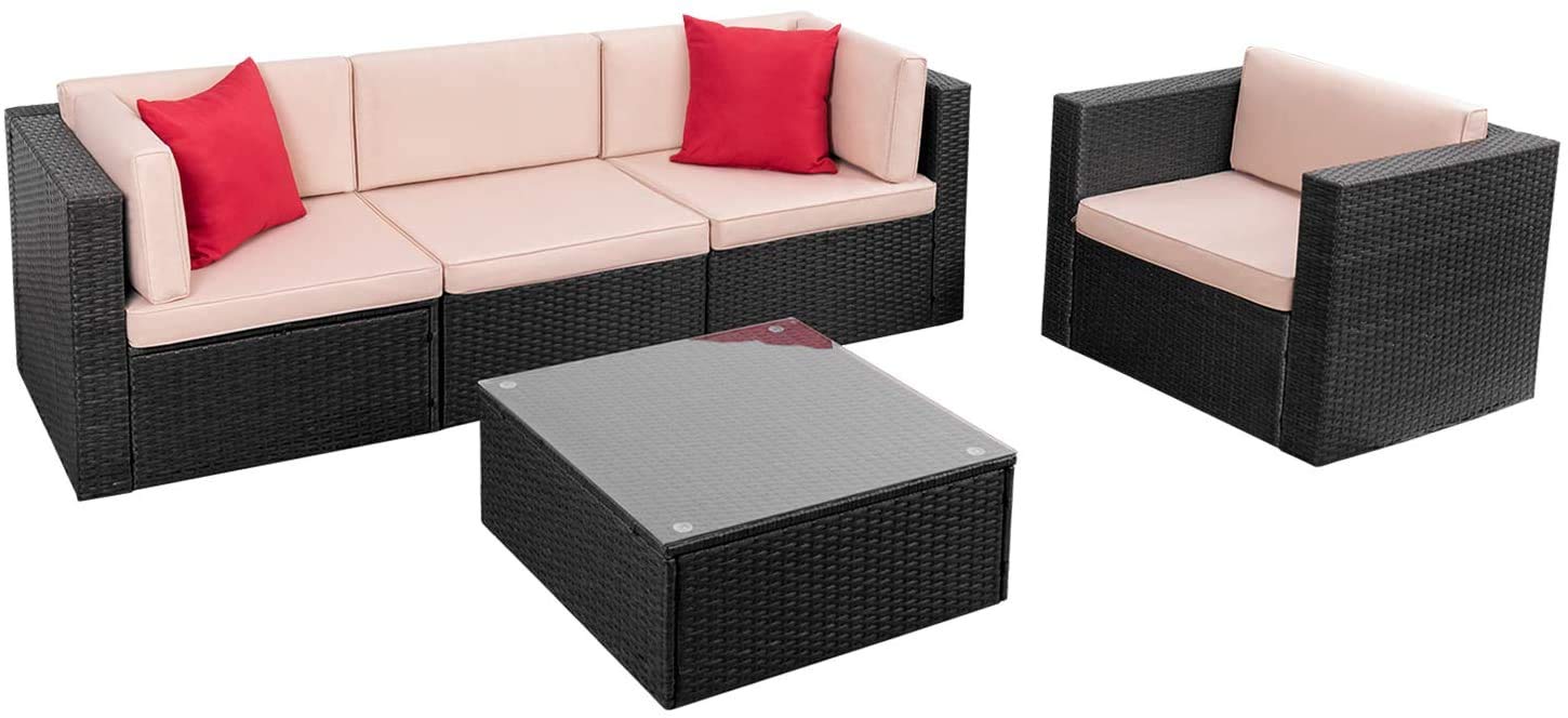 Furniwell 5-Piece Outdoor Patio Furniture Set - Wicker Rattan Sectional Sofa with Cushions, Pillows & Glass Table - Beige - Perfect for Backyard, Garden, Poolside & Patio Relaxation
