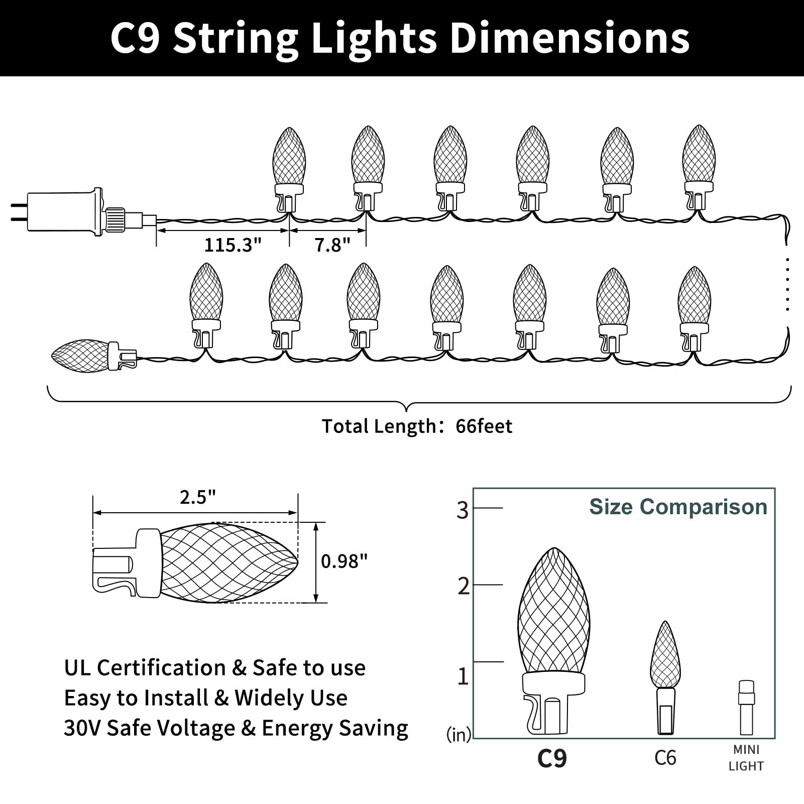 C9 Christmas Lights 66ft 100 LED Strawberry String Lights - Waterproof Outdoor Christmas Decor for Roof, Eaves, Garden & Yard - UL Certified Green Wire with Cool White LEDs - Perfect for Holiday, Wedding & Party Decorations