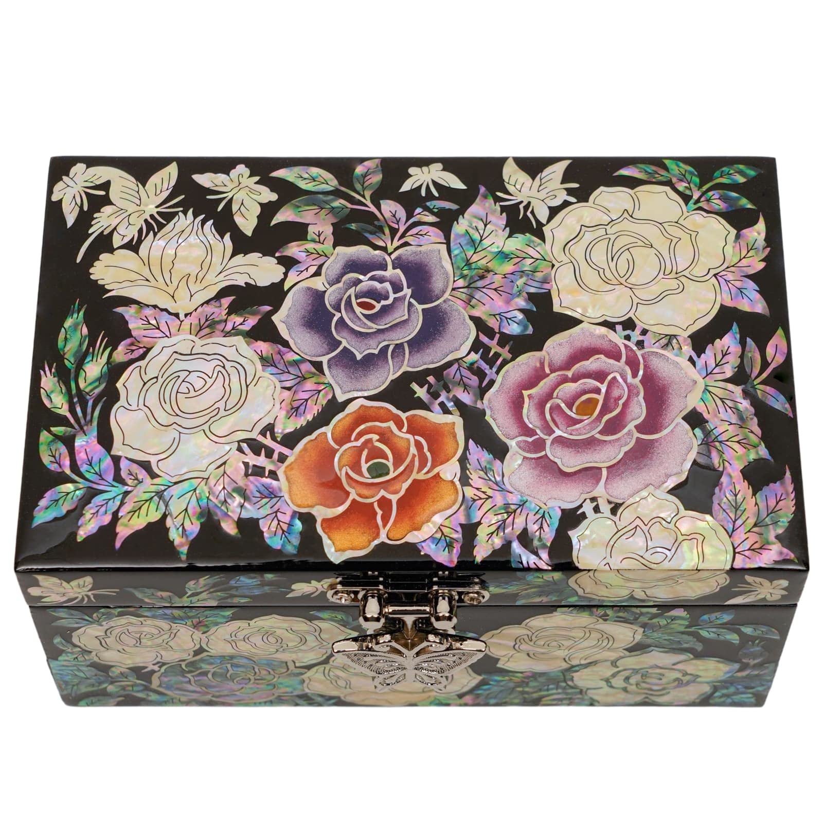Handcrafted Korean Mother-of-Pearl Jewelry Box with Lacquer Finish - 2-Layer Organizer with Mirror - Elegant Gift for Valentine's Day, Mother's Day & Birthday - Perfect for Jewelry Storage & Vanity Decor (Black)