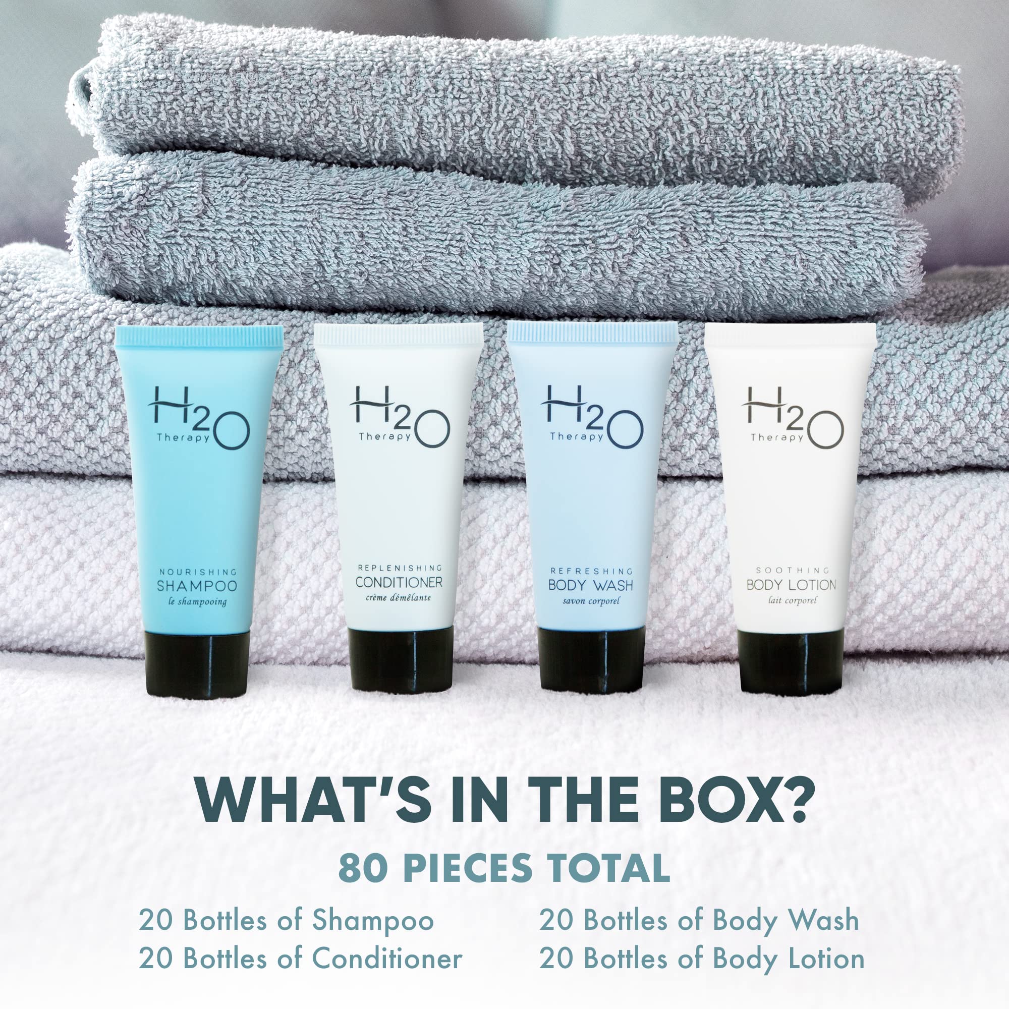 H2O Therapy Travel Size Toiletries Set - 80 Pcs .85oz Hotel Shampoo, Conditioner, Body Wash & Lotion + 100 Pcs Cleansing Soap Bars | Bulk Personal Care Essentials for Hotels, Gyms, Spas & Travel