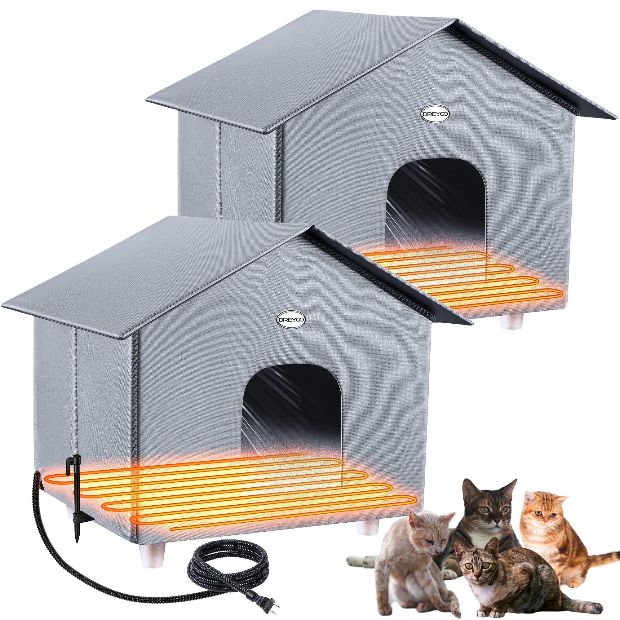 Dreyoo Large Heated Outdoor Cat House - Weatherproof Insulated Shelter with Heating Pad & Dual Doors, Foldable Winter Cat Shelter for Feral & Stray Cats (18x19x16 Inches) - Perfect for Cold Weather, Garages & Backyards