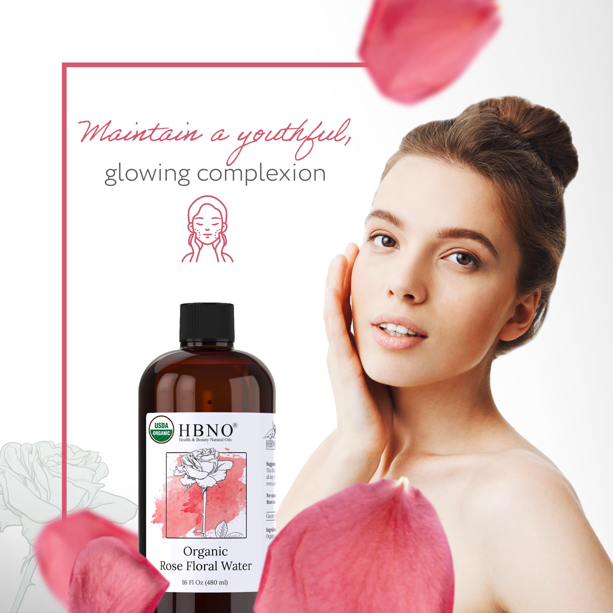 **HBNO California Organic Rose Water for Face & Hair - 16 fl oz (480ml) USDA Certified Pure Rosewater - Hydrating Skincare & Haircare Solution for Dry Skin & Frizz Control**    *(Use for toning, refreshing, hydrating skin, reducing frizz, and soothing irritation)*
