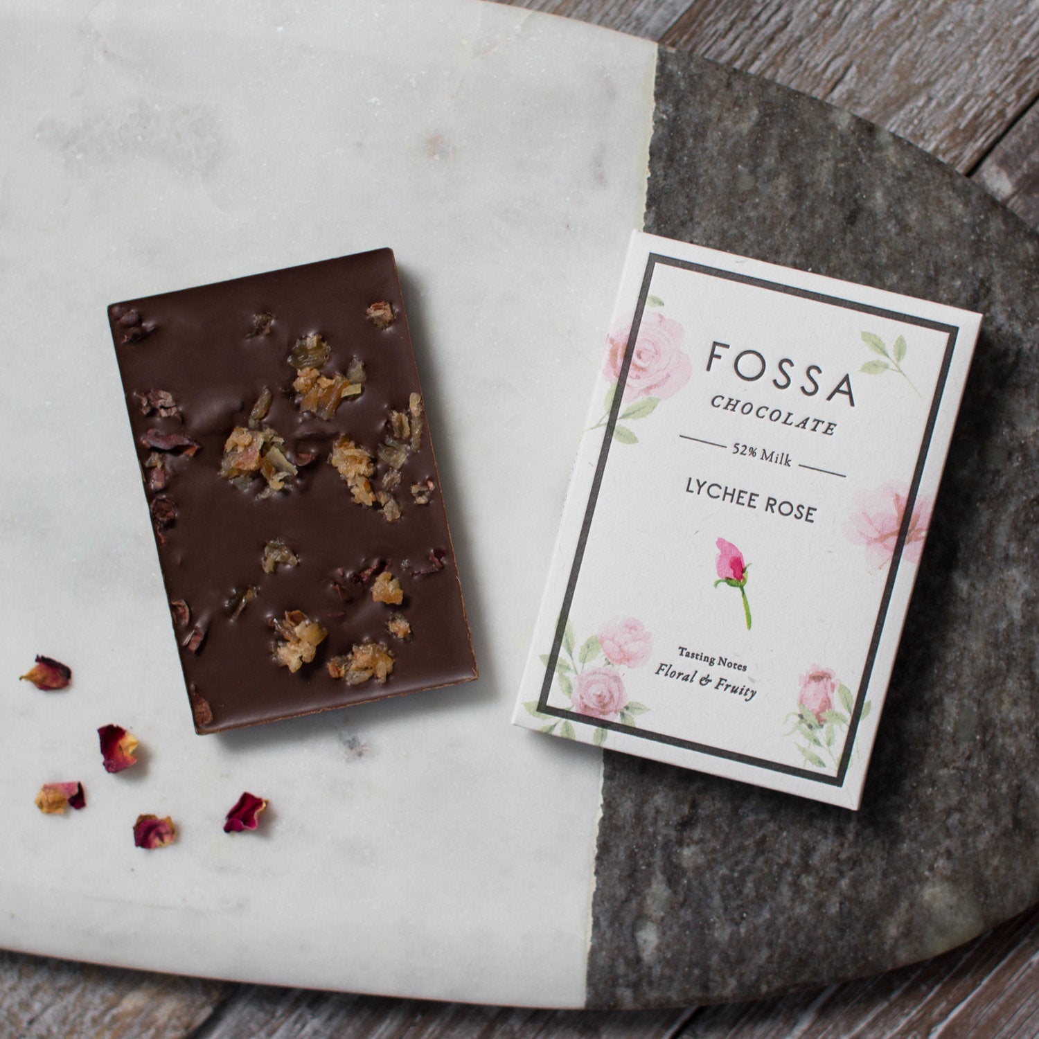 Premium Fossa Dark Milk Chocolate Bar 54% with Lychee & Rose Flavor - Gourmet Gift for Valentine's Day, Romantic Dates & Special Occasions