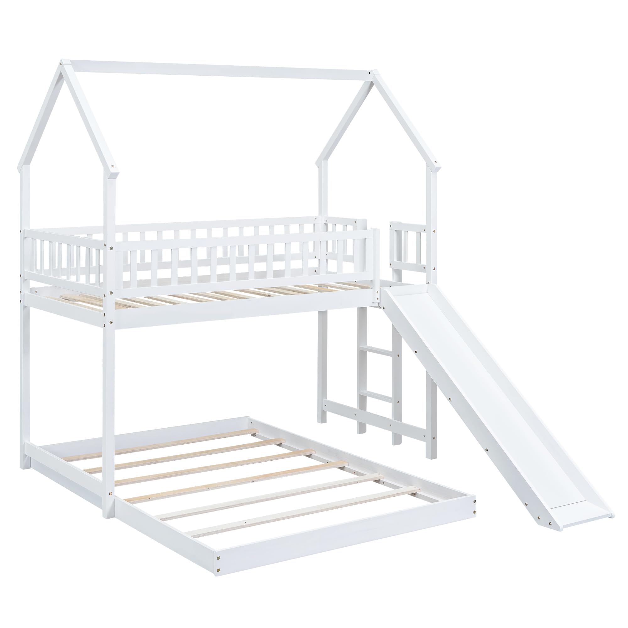 Bellemave Twin Over Full Bunk Bed with Slide - Pine Wood Loft Bed with Roof & Guardrail for Kids & Teens - Sturdy No Box Spring Needed - White - Perfect for Bedrooms, Playrooms & Small Spaces